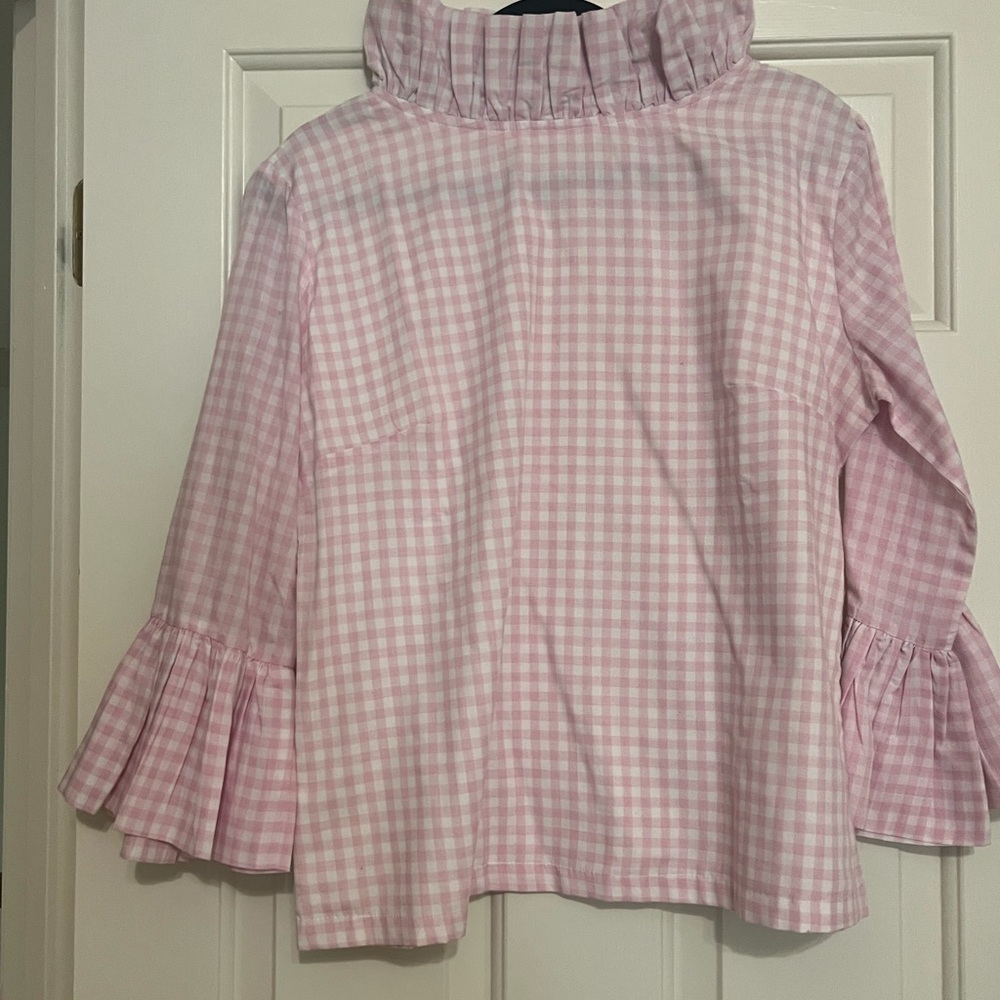 NWOT Elizabeth Wilson Pink Gingham Blouse with Ruffled Neckline and Bell Sleeves